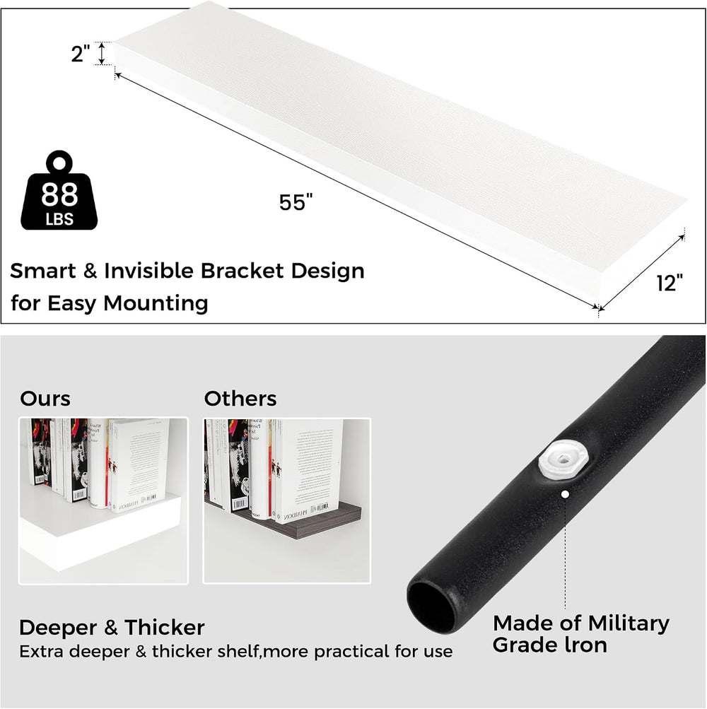 55 Inch Floating Shelves for Wall, 12"D Wood Storage Shelves, White Finish