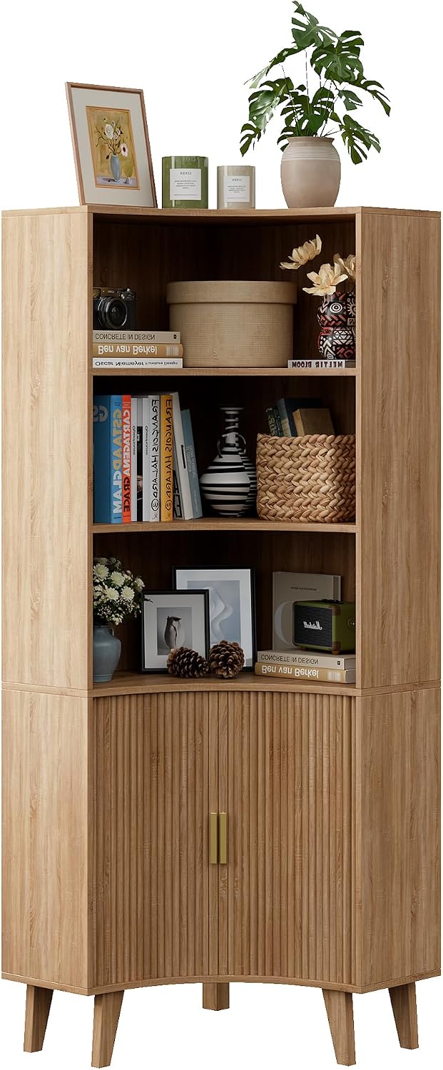 Tall Fluted Corner Cabinet with Sliding Doors,Storage Cabinet,corner shelf
