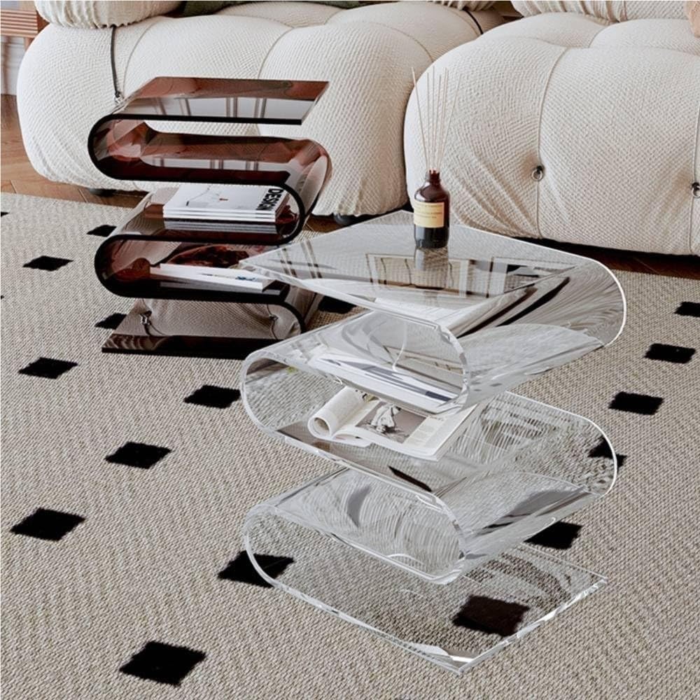 S Shaped Acrylic Side Table, Sleek Nightstand, Acrylic Coffee Table, Clear Be...
