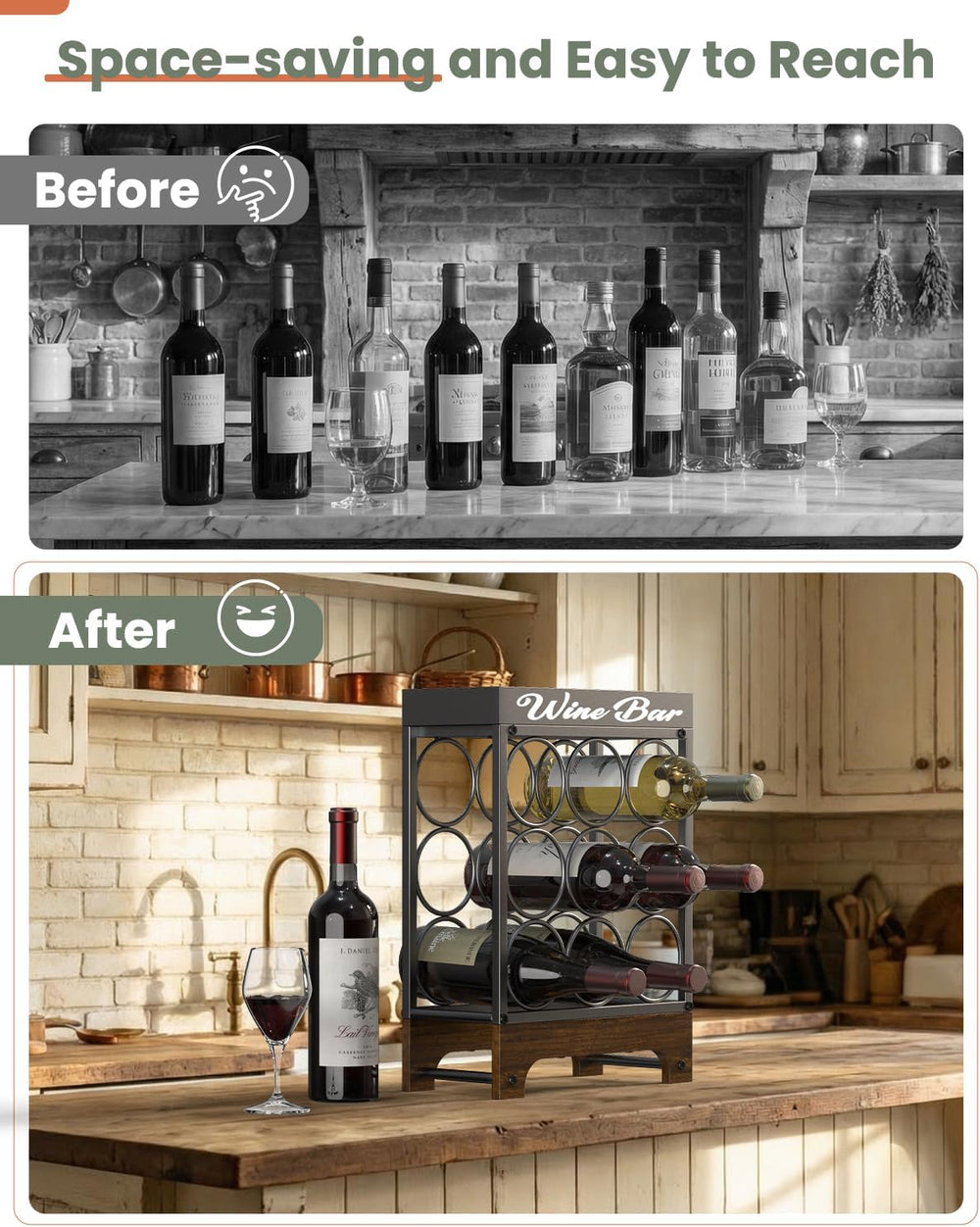 9 Bottles Wine Racks Countertop Freestanding with Top Tray, Modern Black Meta...