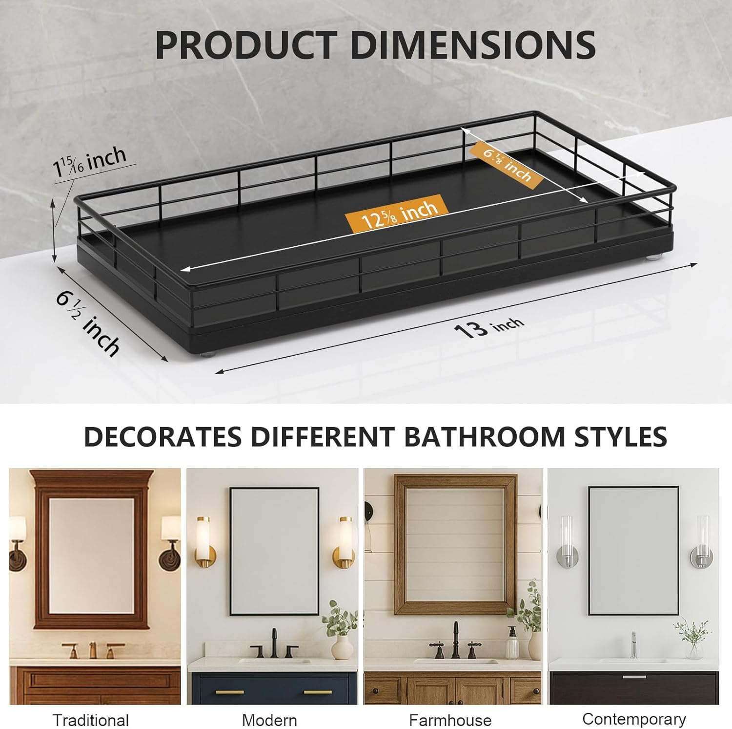 Toilet Paper Basket Organizer – Oak Wood Toilet Tank Tray with Metal Frame, Back of Tank or Top Bathroom Counter Storage – Black Modern Decor