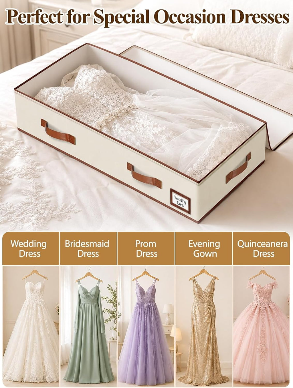 punemi 70L Under Bed Wedding Dress Preservation Box, Beige | With 30 Sheets Acid-Free Tissue Paper & Microfiber Gloves, for Wedding Dresses, Evening Gowns & Heirlooms
