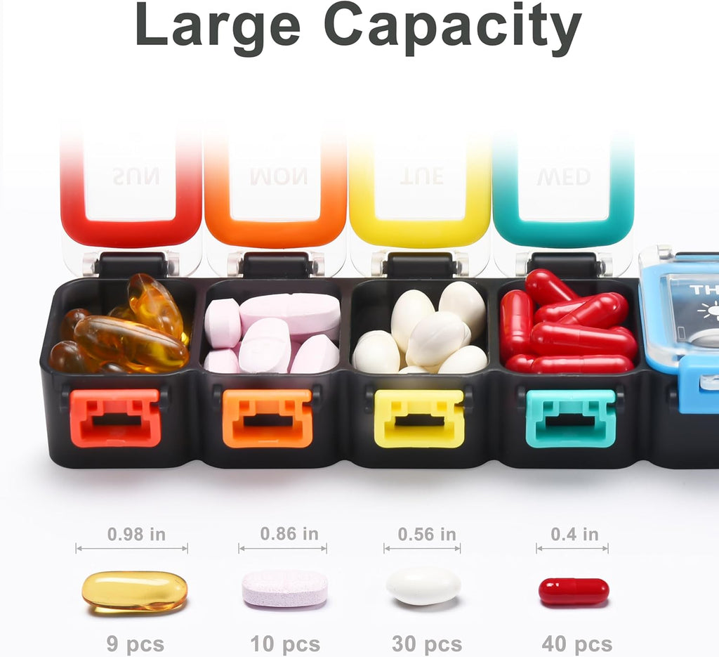 Fullicon Moisture Proof Pill Organizer 2 Times a Day, Large 7 Day Box, Spill Proof Case, Travel Container, Medicine Organizer With Secure Lids (Rainbow Black)