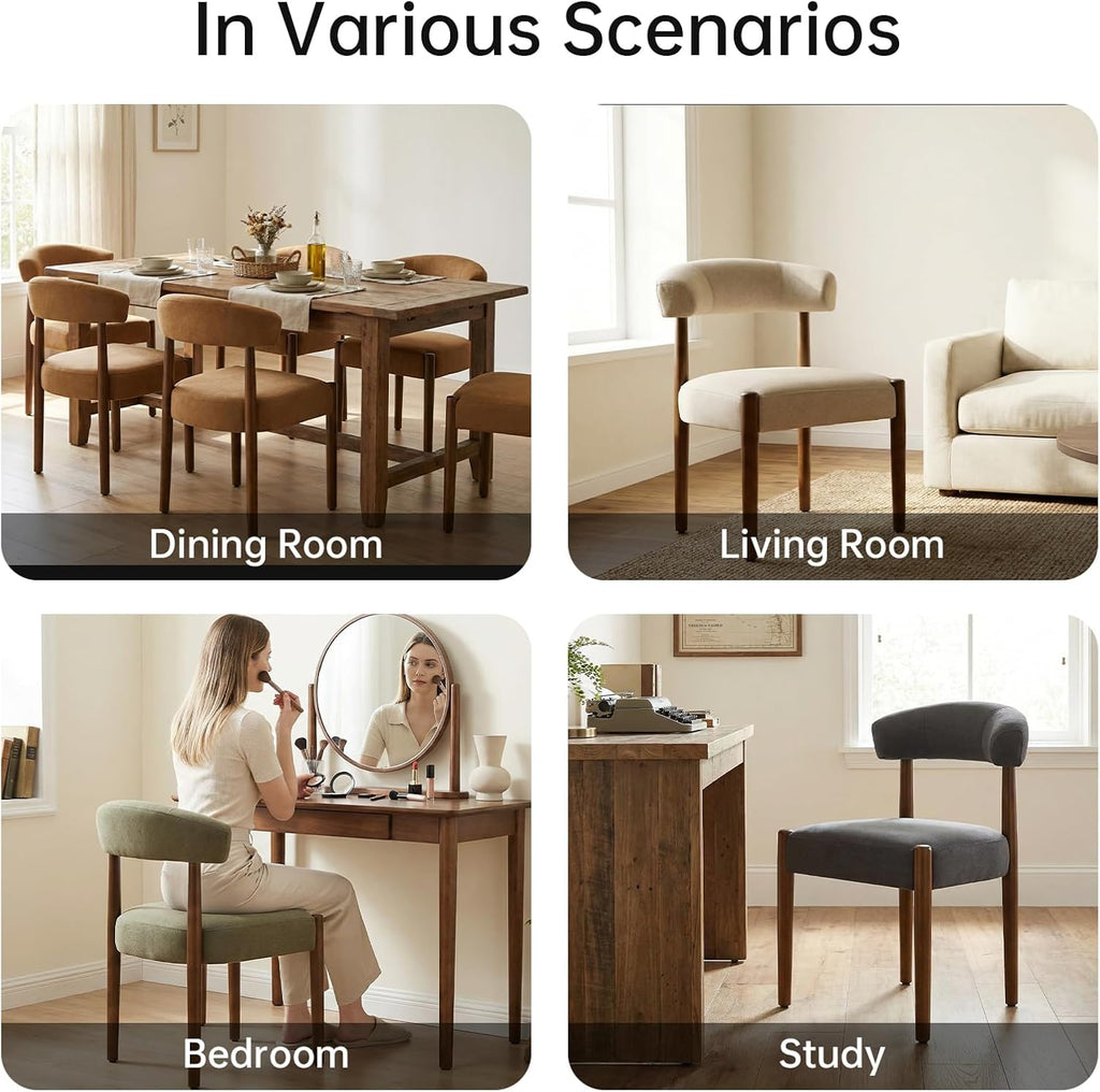 VKNOW Wooden Dining Chairs Set of 4, Modern Upholstered Dining Room Chairs with Walnut Wood Legs and Curved Backrest, Fabric Kitchen Chairs for Farmhouse/Living Room/Dining Room, Green