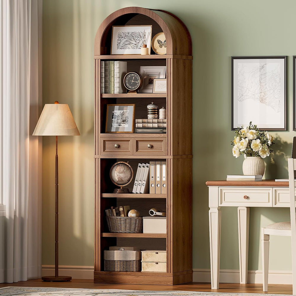 RALGEND Arched Bookshelf, 73" Tall Narrow Arch Bookcase with Drawer, 6-T...