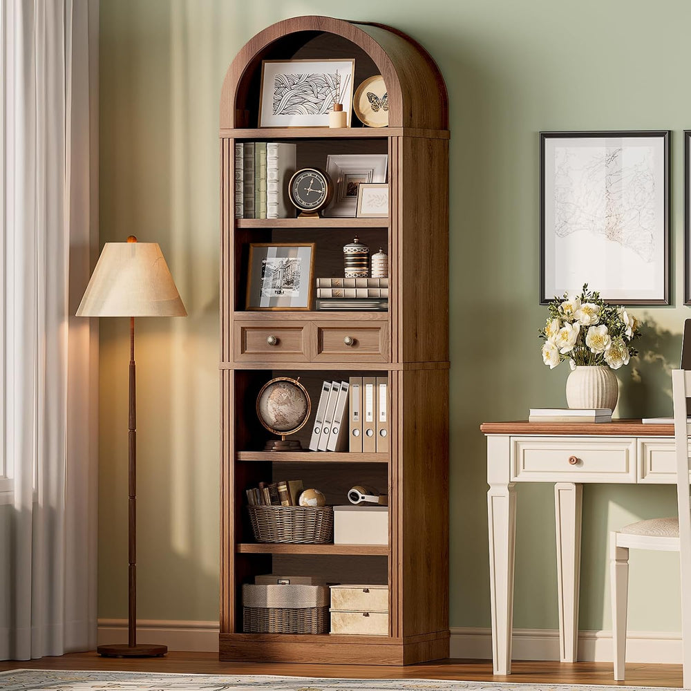 RALGEND Arched Bookshelf, 73" Tall Narrow Arch Bookcase with Drawer, 6-T...