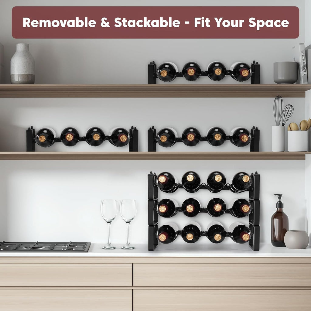 Stackable Wine Rack Countertop, Sturdy Bottle Holder Freestanding for Cabinet, 3 Tier Small Tabletop Wine Holder Stand, Wire Bottle Rack Metal Storage Organizers