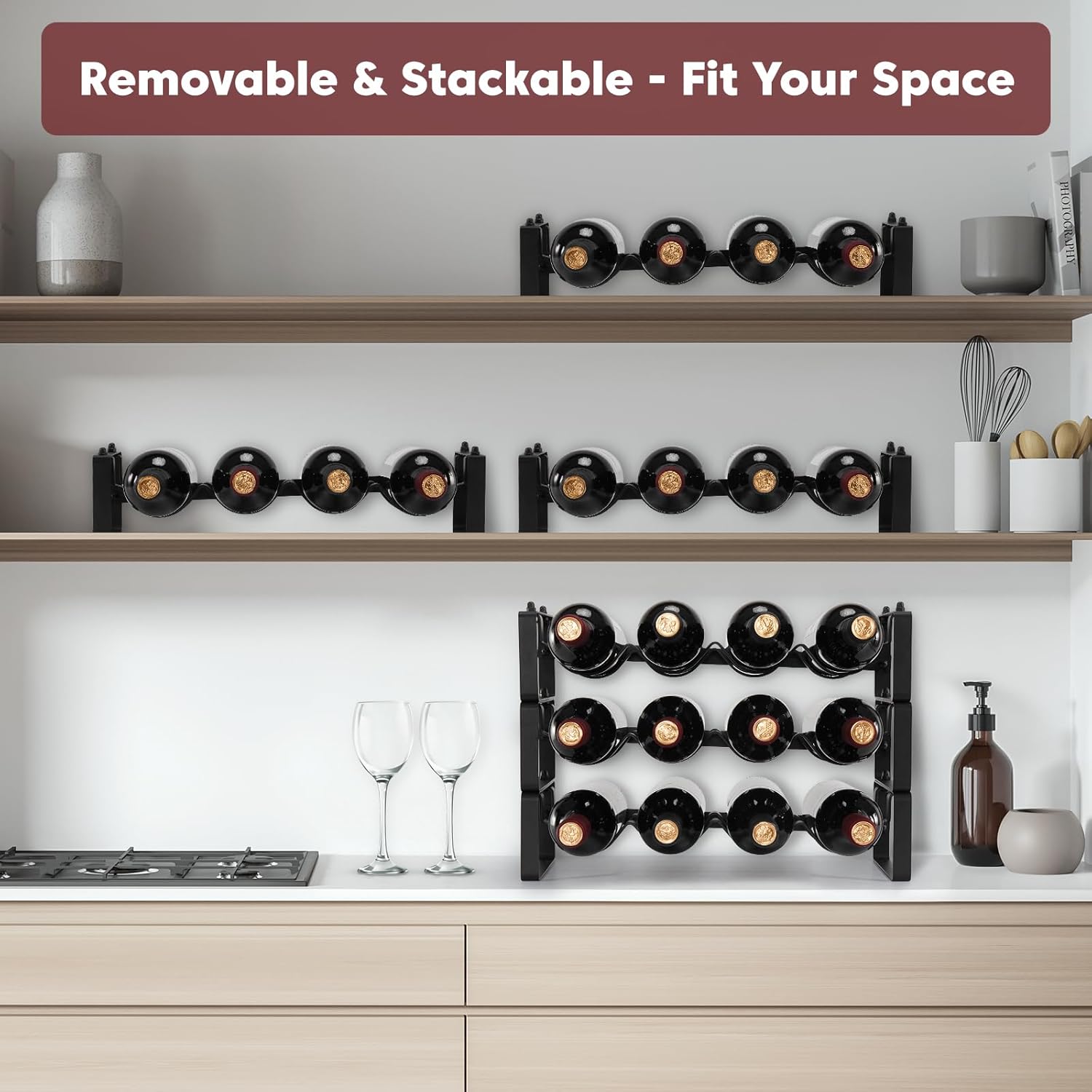 Stackable Wine Rack Countertop, Sturdy Bottle Holder Freestanding for Cabinet, 3 Tier Small Tabletop Wine Holder Stand, Wire Bottle Rack Metal Storage Organizers