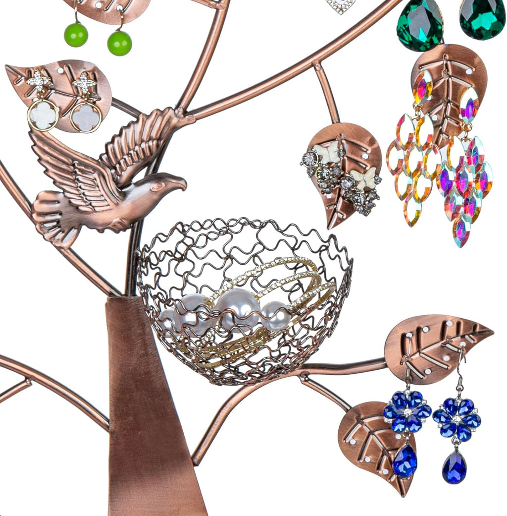 MyGift 14-Inch Modern Bronze Jewelry Organizer Tree with Bird Nest – Holds 48 Earrings, Necklace & Bracelet Stand, Metal Tabletop Display for Rings, Trinkets – Decorative Storage for Home Décor