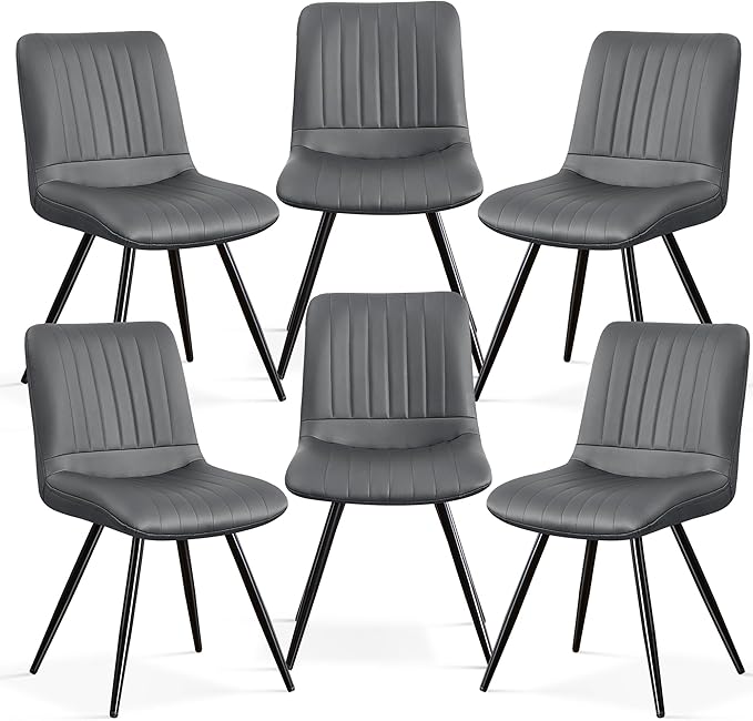 Dining Chairs Set of 6, Modern Dining Chairs with Thick Cushions, PU Leather Upholstered Kitchen Dining Chairs with Metal Legs for Dining Living Room, Dark Grey