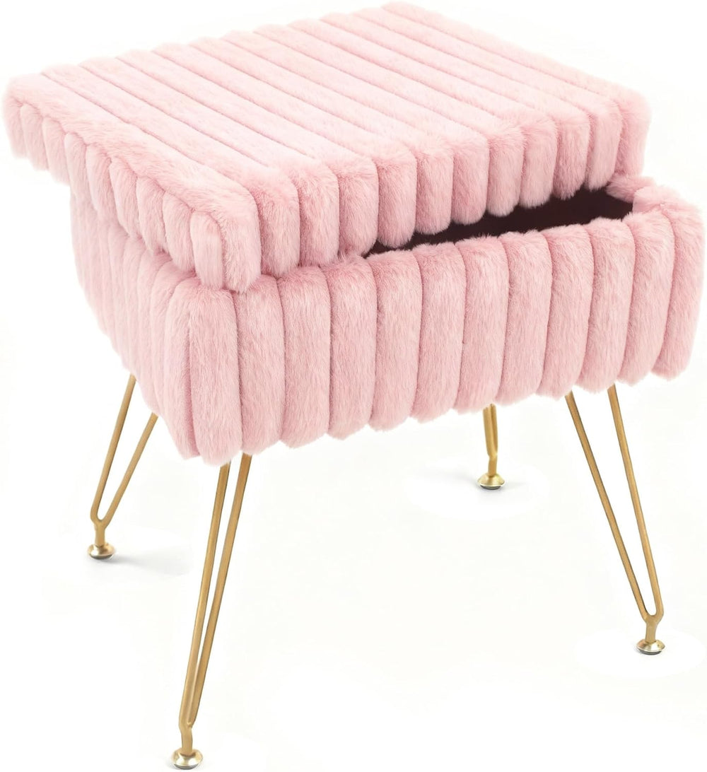 Vanity Stool Chair with Storage, Faux Fur Soft Padded Ottoman with Coffee Tab...