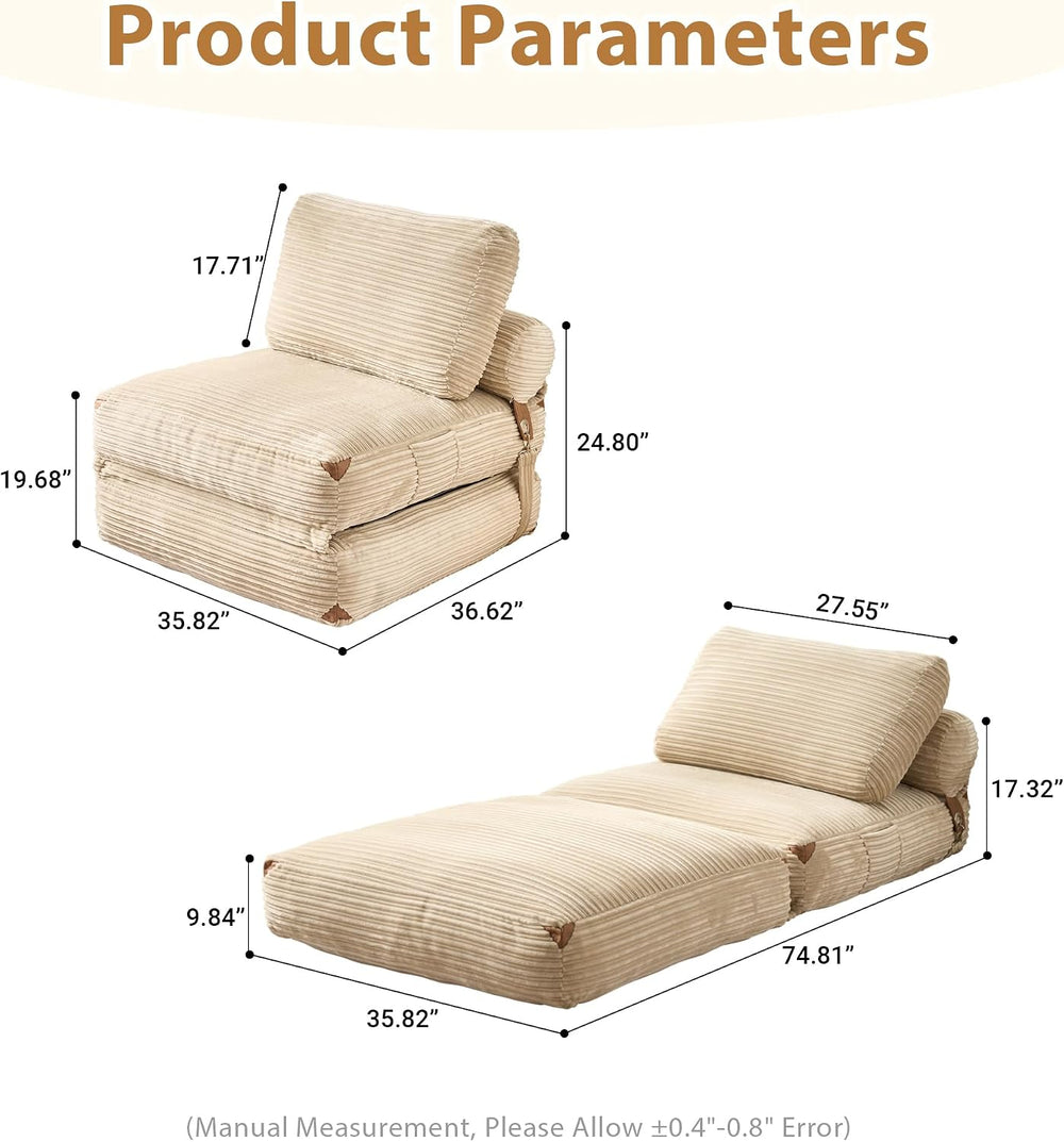 Foldable Sofa Bed,Boneless Convertible Chair Bed with Pillow,Beige