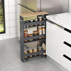 MAT EXPERT Slim Rolling Storage Cart, 4-Tier Freestanding Slim Storage Cart with Wheels 360 Degree & Metal Handle, Wooden Utility Cart for Narrow Kitchen, Laundry Room, Bathroom (Grey + Natural)