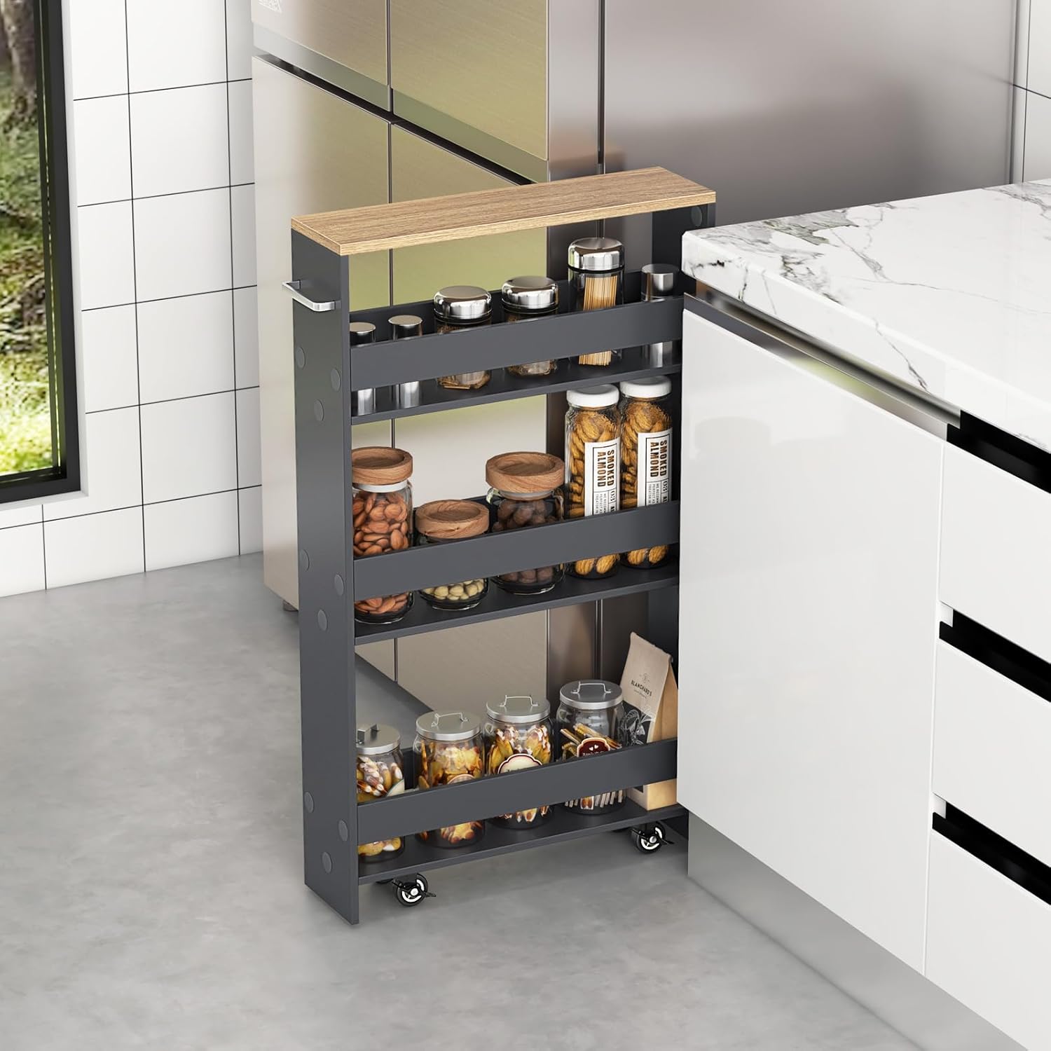 MAT EXPERT Slim Rolling Storage Cart, 4-Tier Freestanding Slim Storage Cart with Wheels 360 Degree & Metal Handle, Wooden Utility Cart for Narrow Kitchen, Laundry Room, Bathroom (Grey + Natural)