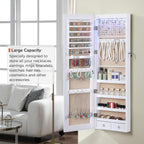 GISSAR Full Length Mirror Jewelry Cabinet, 6 LEDs Jewelry Armoire Wall Mounted Over The Door Hanging, Jewelry Organizer Storage with Lights Lockable, White Surface with Beige Lining, 14.6" x 47.2"