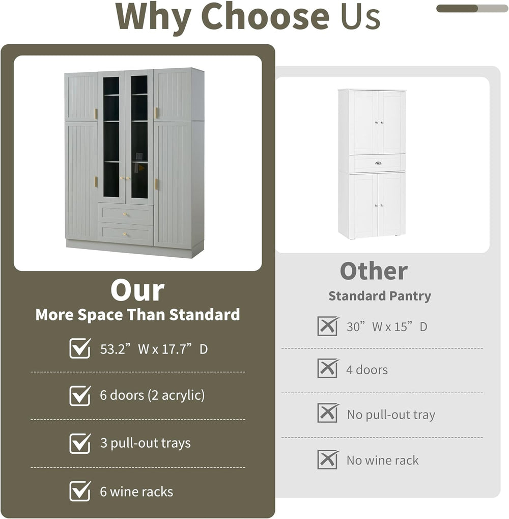 71" H Large Kitchen Pantry with 6 Doors, 53.2" L x 17.7" W Woo...