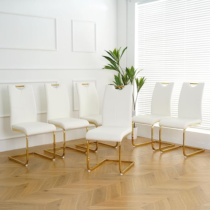 Goujxcy Dining Chairs Set of 6, Modern High Back Kitchen Chairs with Metal Legs and Faux Leather Padded Seat Upholstered Dining Chairs for Dining & Kitchen,Living Room (White&Gold, Set of 6)