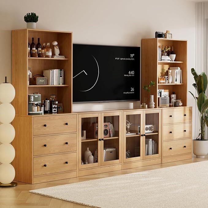 TUSY 71" Large TV Stand Set - TV Entertainment Center for TVs up to 65", Media Center with Tempered Glass Doors and Drawer, TV Hutch with Bookshelves for Living Room (Wood, BDDB)