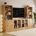 TUSY 71" Large TV Stand Set - TV Entertainment Center for TVs up to 65", Media Center with Tempered Glass Doors and Drawer, TV Hutch with Bookshelves for Living Room (Wood, BDDB)