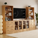 TUSY 71" Large TV Stand Set - TV Entertainment Center for TVs up to 65", Media Center with Tempered Glass Doors and Drawer, TV Hutch with Bookshelves for Living Room (Wood, BDDB)