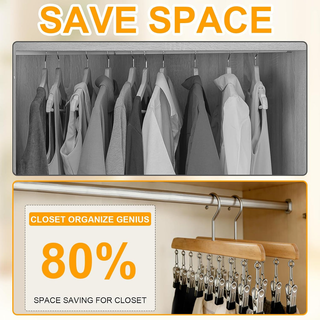 Closet Organizer with 10 Clips, 2 Pack Wooden Hanging Storage Hanger, Space Saving Multifunctional Rack for Ties, Scarves, Hats & Small Accessories