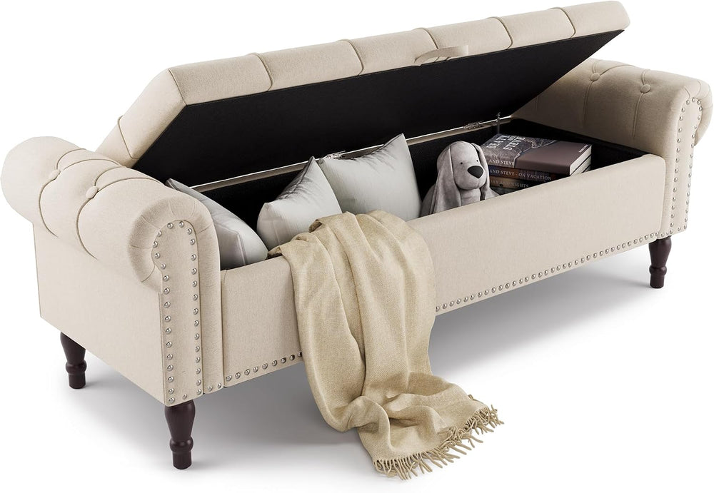 Cozyman Storage Bench Ottoman, 61" King Linen Rolled Arm Bedroom End of ...