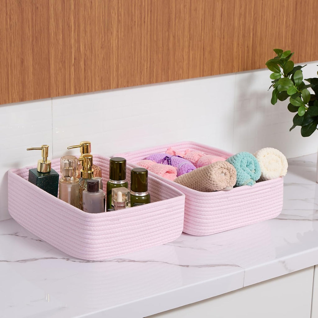 Large Shallow Organizing Baskets 15x11x5.1 Inches - Rope Woven Storage Bins for Bathroom, Shelves, Cube Closet, Light Pink 4 Packs