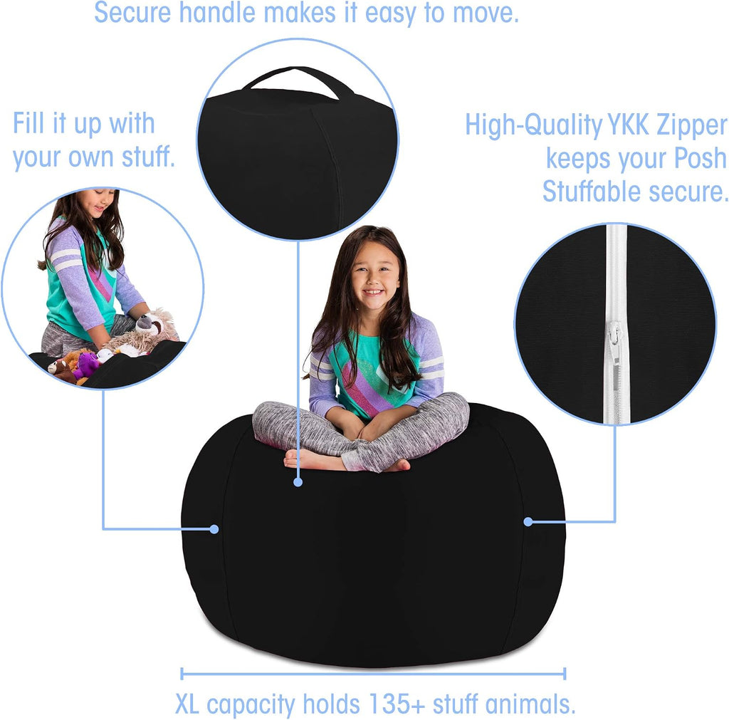 Posh Stuffable Kids Stuffed Animal Storage Bean Bag Chair Cover - Childrens Toy Organizer, X-Large 48" - Solid Black