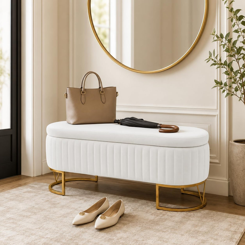 Velvet Storage Bench for Queen Size Bed, 46'' Beige Oval Ottoman, Gold Legs | Easy Assembly, Housewarming Gift, Bedroom, Living Room & Entryway