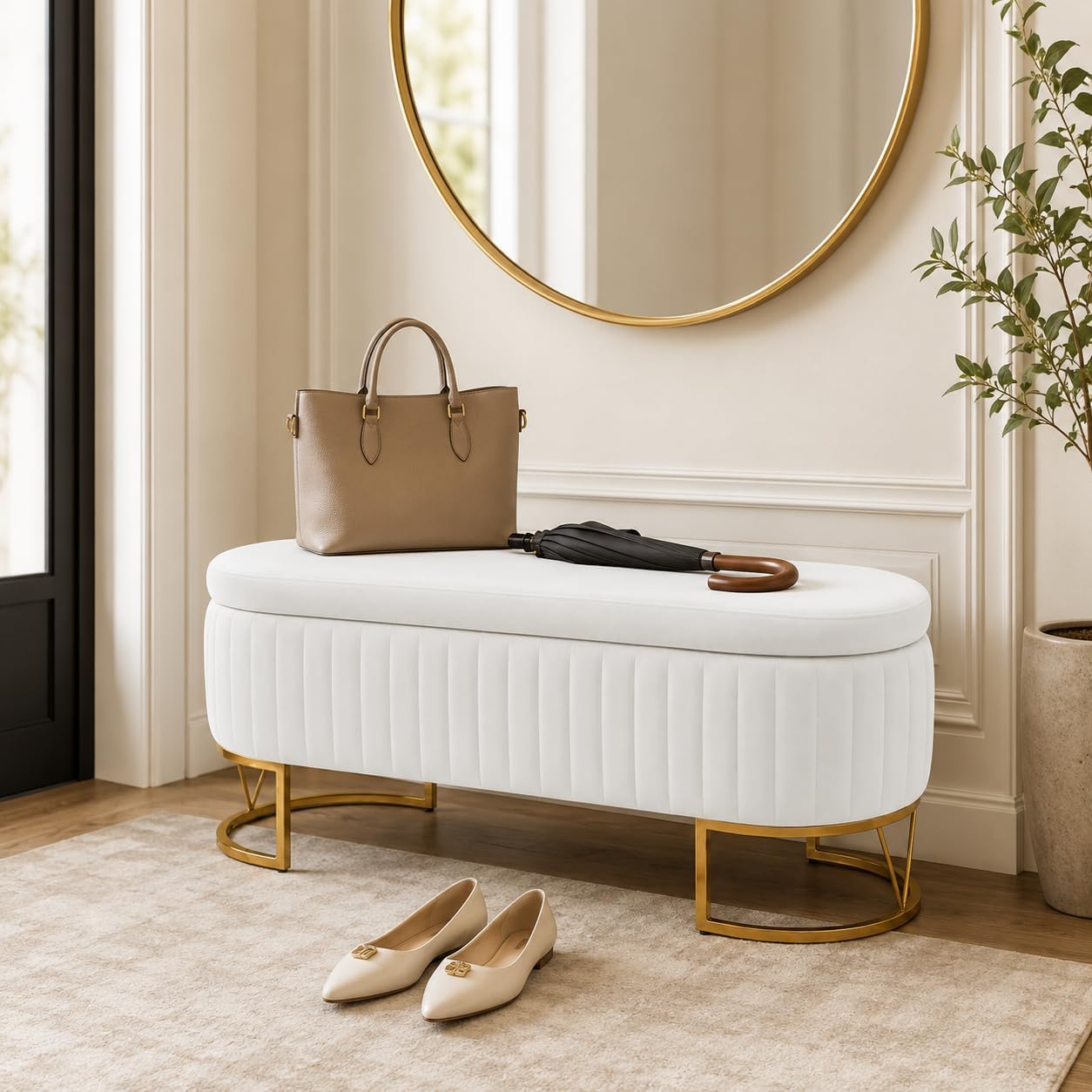 Velvet Storage Bench for Queen Size Bed, 46'' Beige Oval Ottoman, Gold Legs | Easy Assembly, Housewarming Gift, Bedroom, Living Room & Entryway