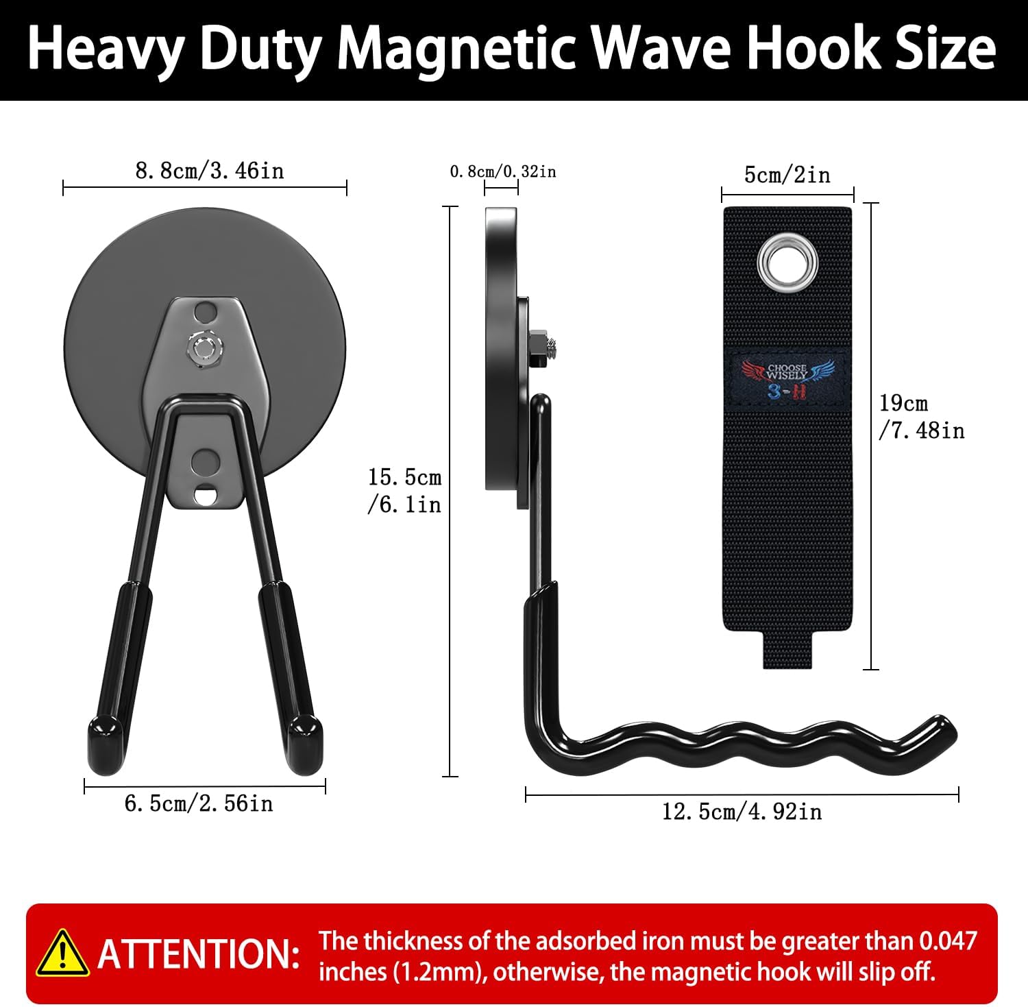 3-H Magnetic Wave Hooks Heavy Duty 2 Pack, Large Magnet Garage Hooks Heavy Duty and Strong Utility Magnetic Tool Holde for Hanging and organizing Garden Power Tool (Black