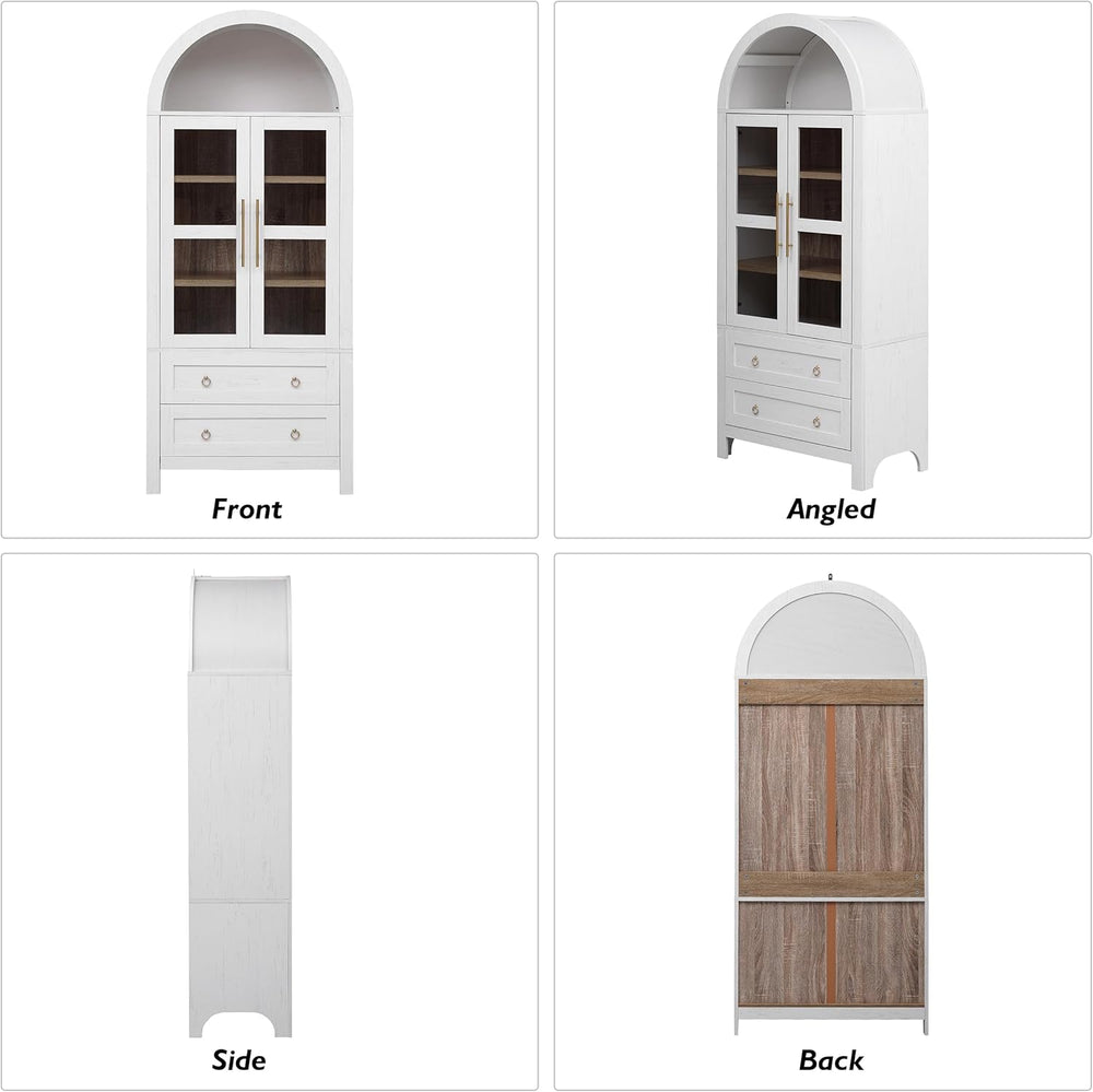 71" White Arched Farmhouse Kitchen Pantry Cabinet with Glass Doors &...