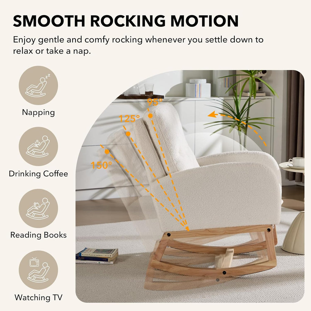 Rocking Chair Nursing with Footrest, Rocker (White Teddy) | teddy upholstery, high-density foam, adjustable footrest, soft cushion, button tufted design, silent non-slip pads