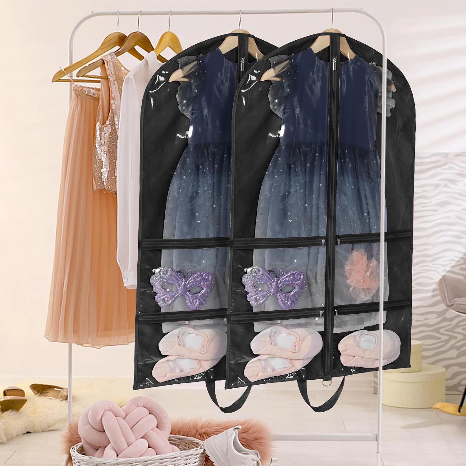 LOVEGRASS Kids Garment Bags for Dance with 4 Zipper Pockets, 3 Pack, Black | 40 Inch Dance Costume Garment Bag, Foldable Dance Competition Garment Bags for Hanging Clothes, Competitions & Travel
