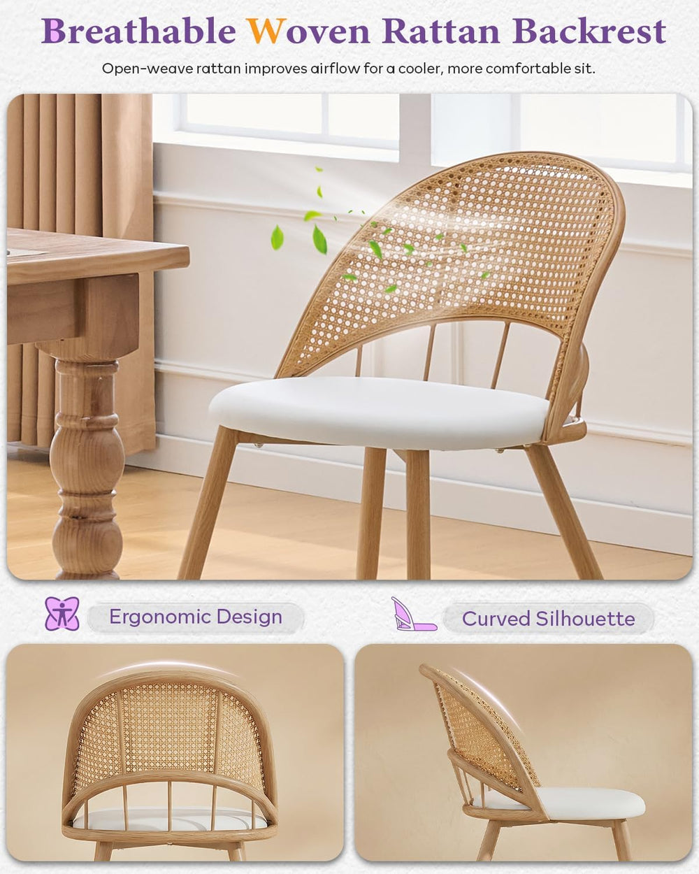 TYBOATLE Rattan Dinner Chairs Set of 4 with Faux Leather Cushion, Modern Dini...
