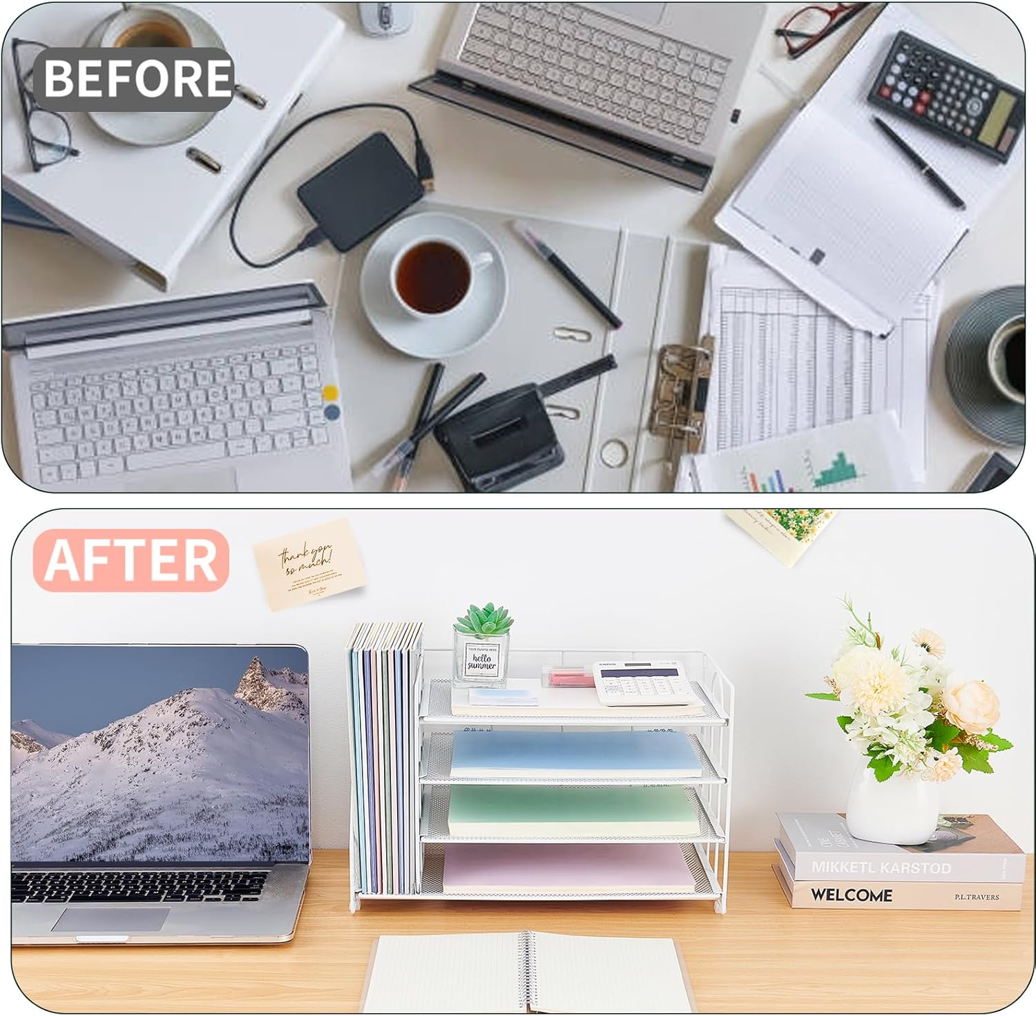 OPNCIE 4-Tier Paper Organizer with Magazine Holder, Desk Organizers and Accessories, Office Desk Accessories & Workspace Organizers, Desktop File Organizer for Office Supplies Storage, White