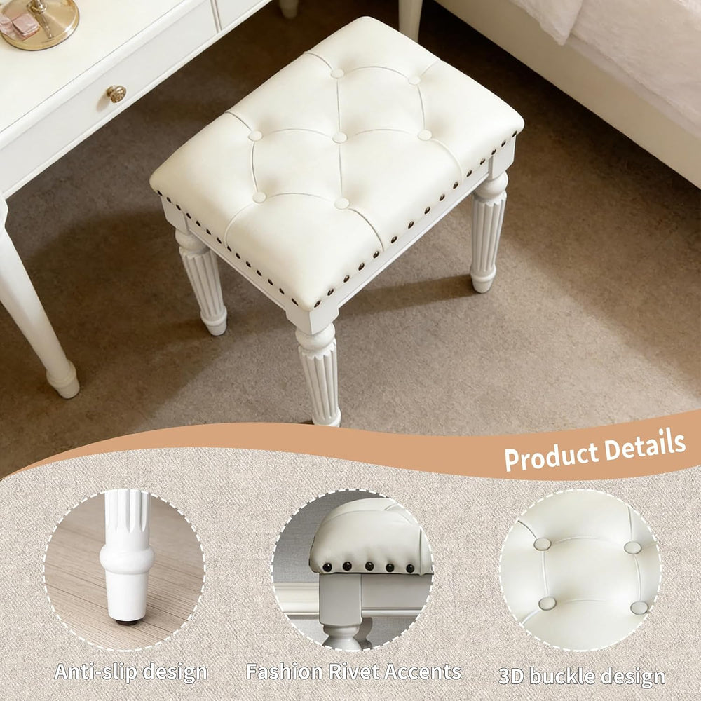 Vanity Bench Seating, Victorian Backless Vanity Stool, White Faux Leather | B...