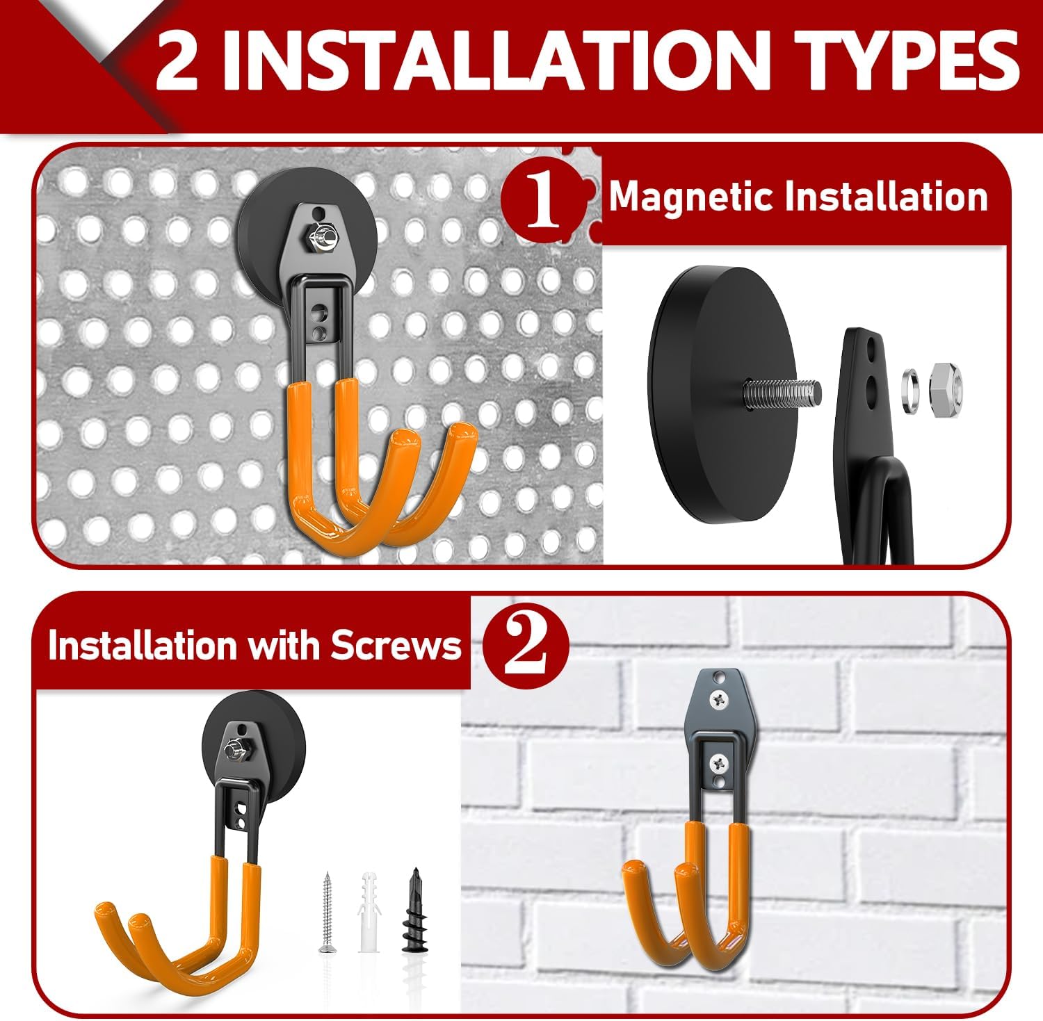 3-H Heavy Duty Magnet Garage Hooks 2 Pack, J Shape Strong Magnetic Hooks for Hanging Cordless Power Drill, Utility Magnetic Tool Holder for Metal Cabinet, Steel Pegboard, Toolbox, Garage(Orange)