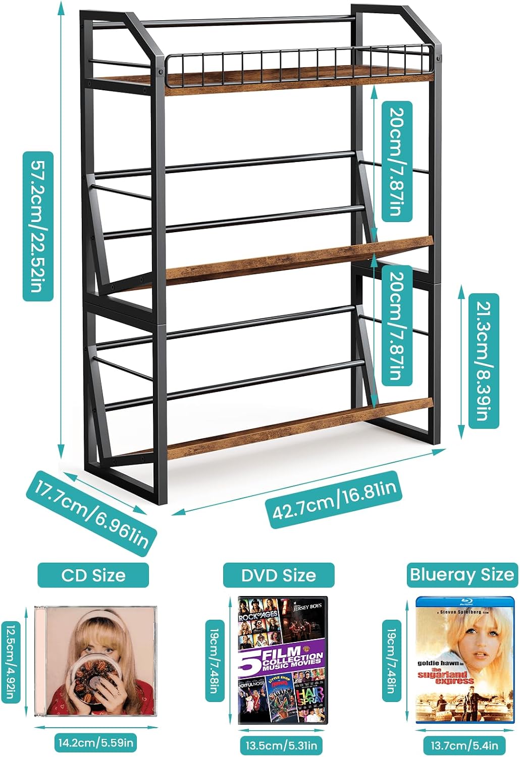 ELITEROO 3-Tier CD Storage Rack, Wood DVD Holder with 2-in-1 Assembly Design, Tilting CD Organizer Tower Holds Up to 112 CDs or 78 DVDs, Table Top DVD Display Stand for Music Enthusiasts, Rustic Brown