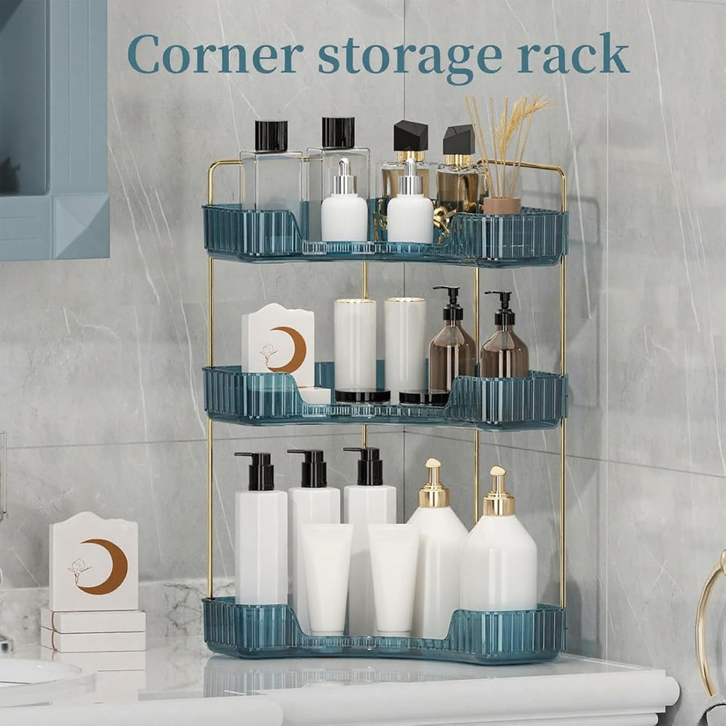 Corner Bathroom Countertop Organizer, Vanity Organizer Trays for Counter, Makeup Organizers, Perfume Tray, Skincare Shelf Storage Gifts for Women Girl Student (Blue, 3 Tiers)