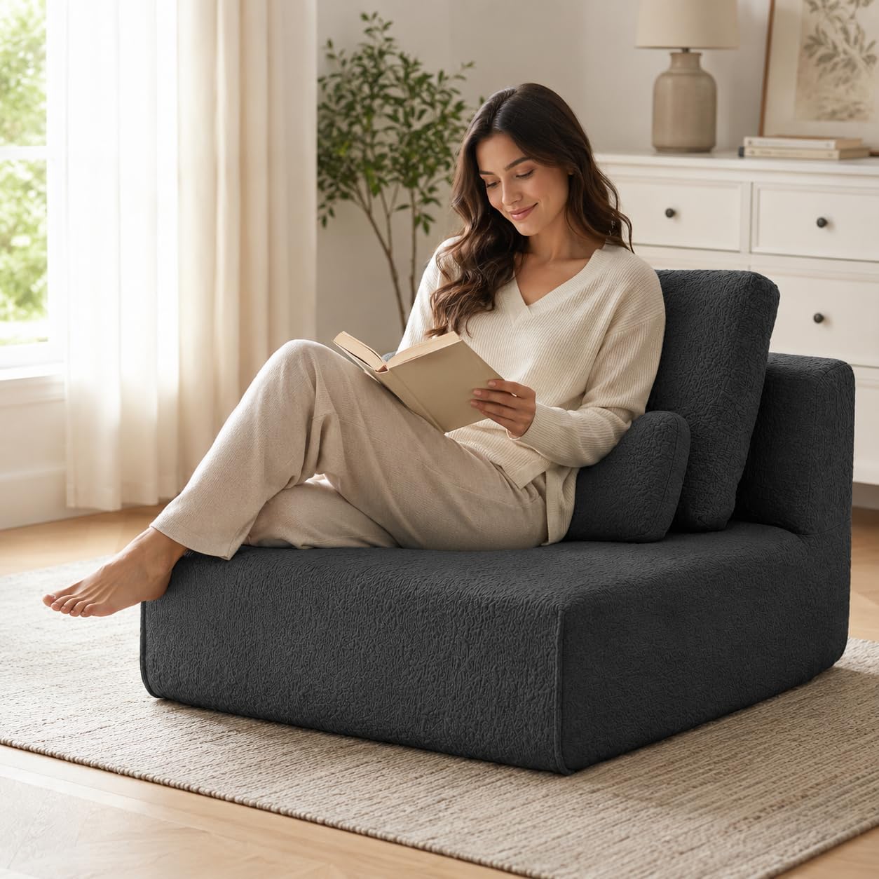 Floor Sofa Chair, Boneless Couch Single-Seater for No Assembly | 32" Deep Seat Compressed Foam Lounge Chair with Back Pillow and Side Pillow | Chenille | Memory Foam | Dark Gray
