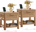 Joaxswe Farmhouse Side Table Set of 2 Living Room, Natural Wood | Small Nightstand with 1 Drawers & Open Shelving & 4 Thickened Table Legs & Rounded Corners
