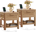 Joaxswe Farmhouse Side Table Set of 2 Living Room, Natural Wood | Small Nightstand with 1 Drawers & Open Shelving & 4 Thickened Table Legs & Rounded Corners