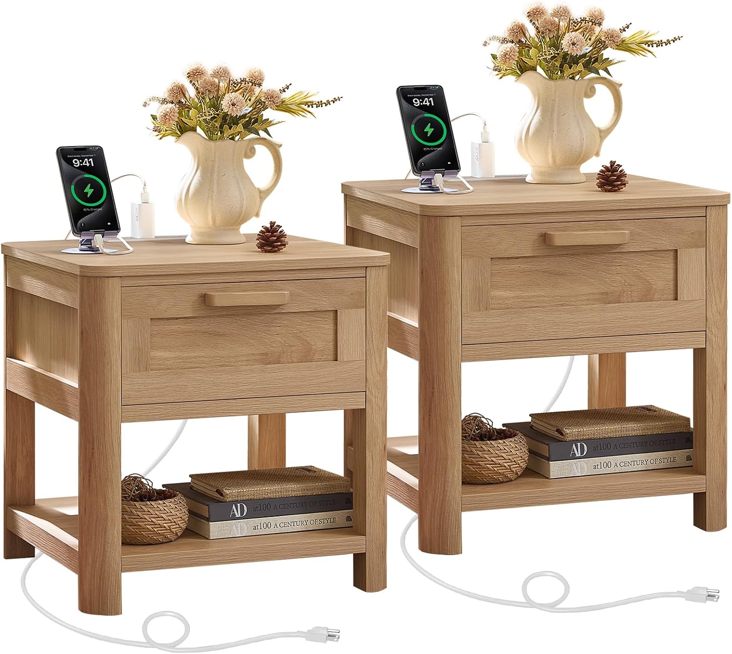 Joaxswe Farmhouse Side Table Set of 2 Living Room, Natural Wood | Small Nightstand with 1 Drawers & Open Shelving & 4 Thickened Table Legs & Rounded Corners