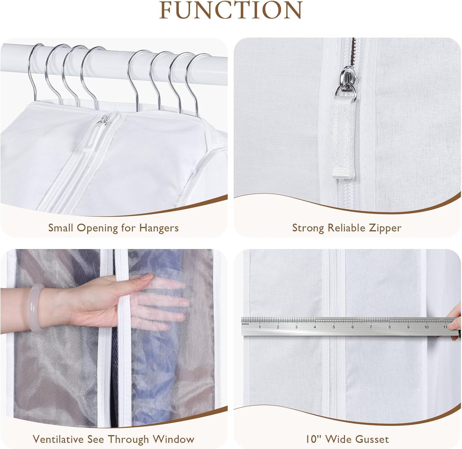 Univivi 40 Inch Cotton Garment Bags for Hanging Clothes 2 Pack, White | Breathable Cotton Fabric, Strong Zipper, Organza Window, 10in Wide Gusset Fits 6 Hangers, Perfect for Suits, Coats, Jackets