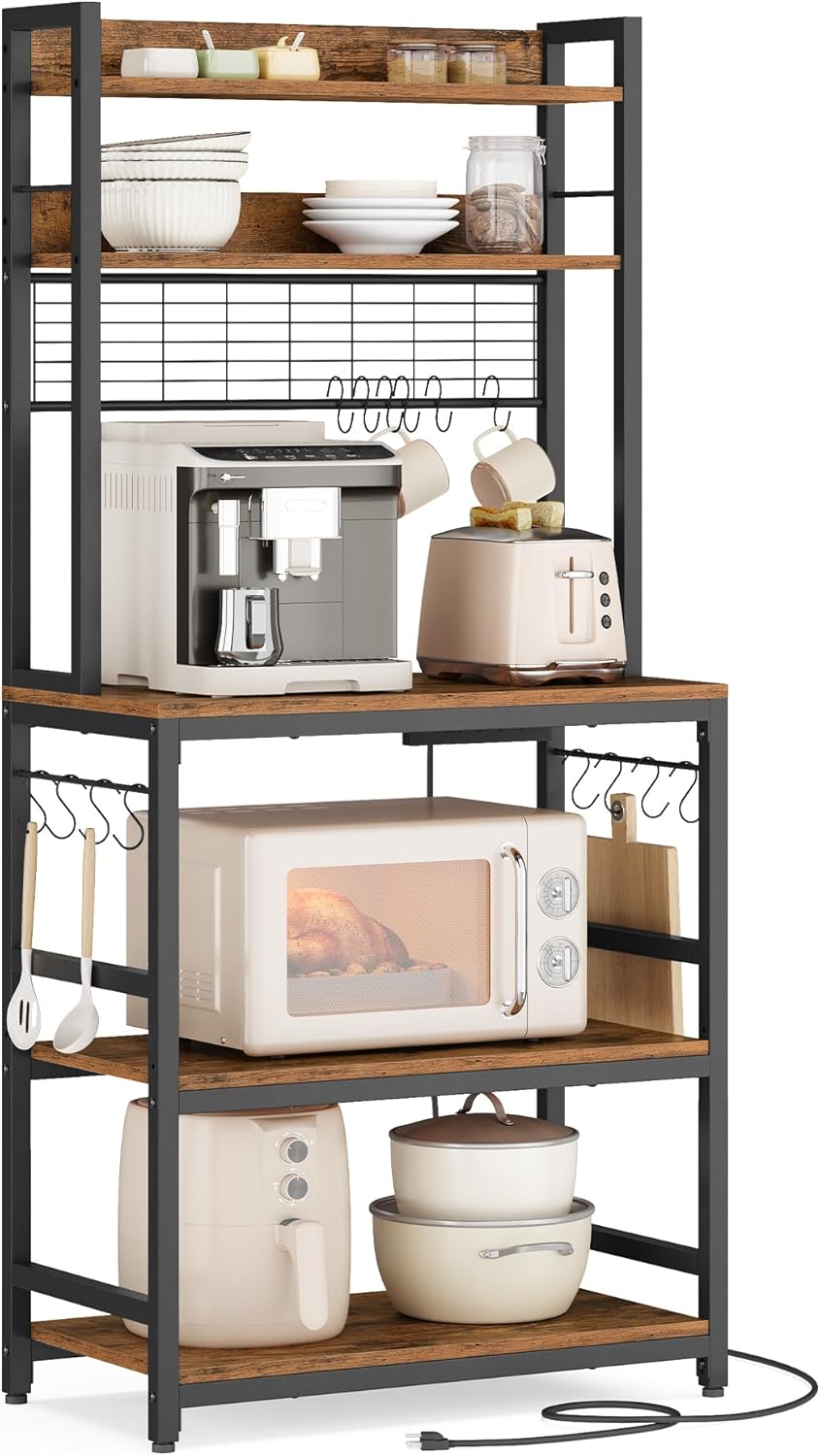 VASAGLE Bakers Rack with Power Outlet, Microwave Stand, Kitchen Tall Utility Storage Shelf, with Metal Wire Panel, 14 Hooks, 15.7 x 23.6 x 66.9 Inches, Rustic Brown and Ink Black UKKS037B01