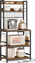 VASAGLE Bakers Rack with Power Outlet, Microwave Stand, Kitchen Tall Utility Storage Shelf, with Metal Wire Panel, 14 Hooks, 15.7 x 23.6 x 66.9 Inches, Rustic Brown and Ink Black UKKS037B01