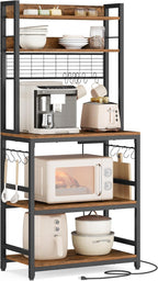 VASAGLE Bakers Rack with Power Outlet, Microwave Stand, Kitchen Tall Utility Storage Shelf, with Metal Wire Panel, 14 Hooks, 15.7 x 23.6 x 66.9 Inches, Rustic Brown and Ink Black UKKS037B01