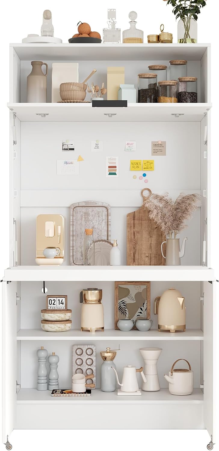 Pantry Cabinet with Hutch and Foldable Workstation, Multifunctional Wood Cupb...