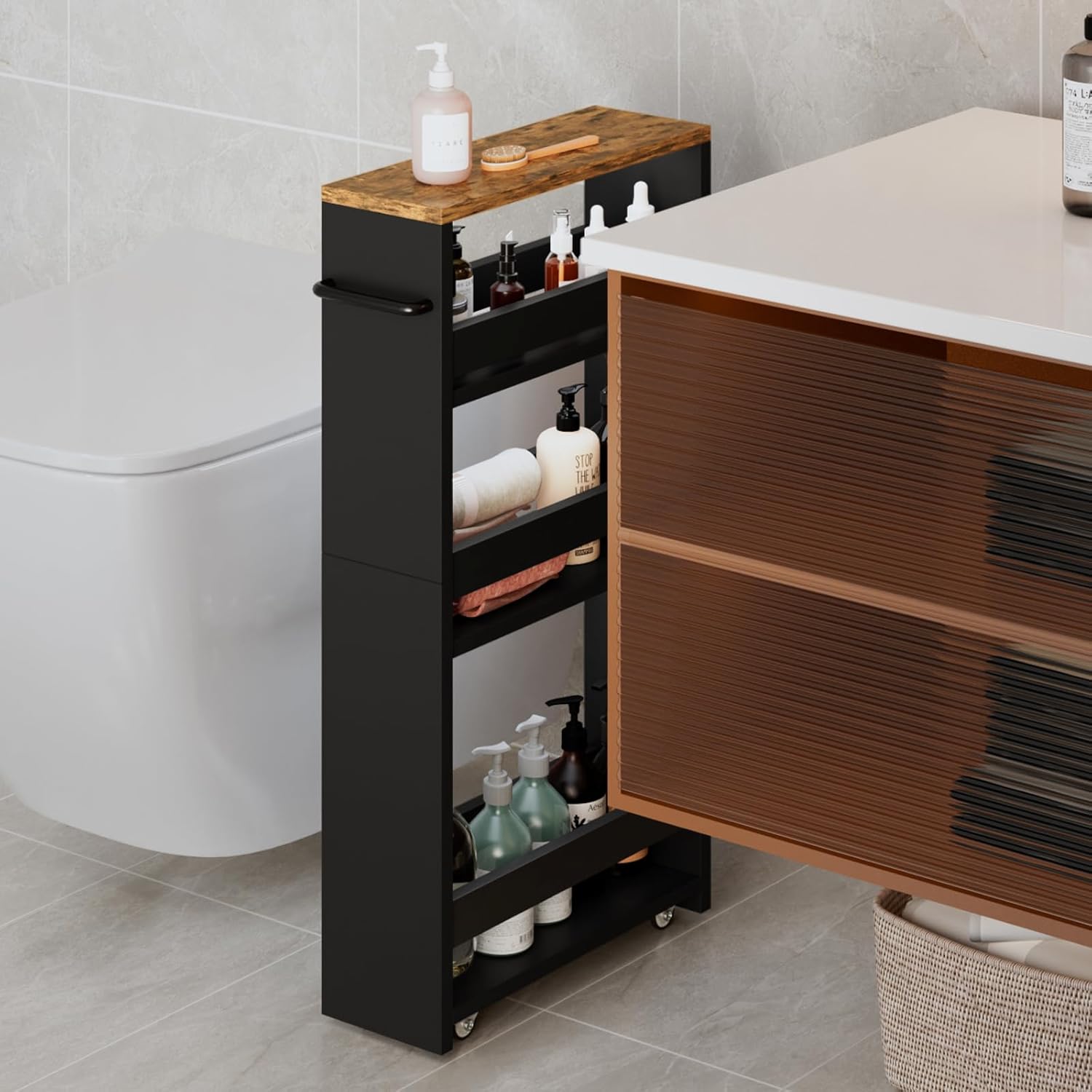 MARTY Rolling Storage Cart 4-Tier Black Kitchen Cart with Wheels, Slim Storage Cart with Handle Slide Out Utility Cart Shelving Unit Organizer Trolley for Laundry Narrow Places Bathroom Small Corner